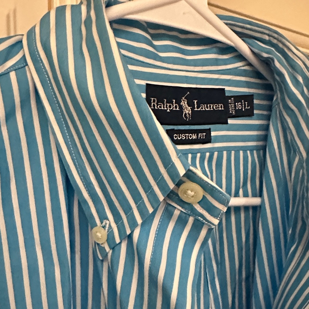 Ralph Lauren Blue and White Striped Cotton Dress Shirt - Picture 3 of 4